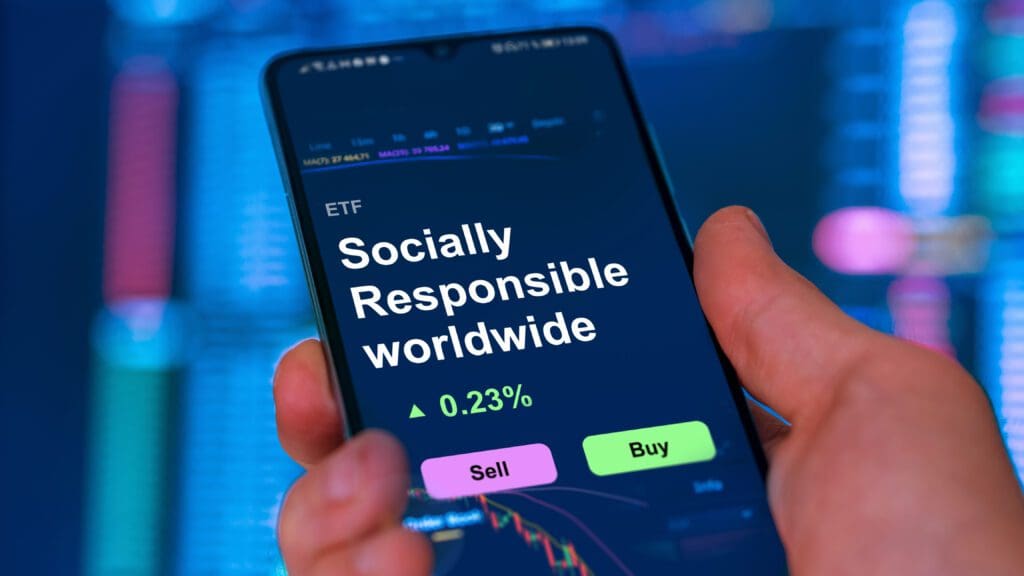 A cell phone displaying a stock called "Socially Responsible Worldwide" that is up 0.23%