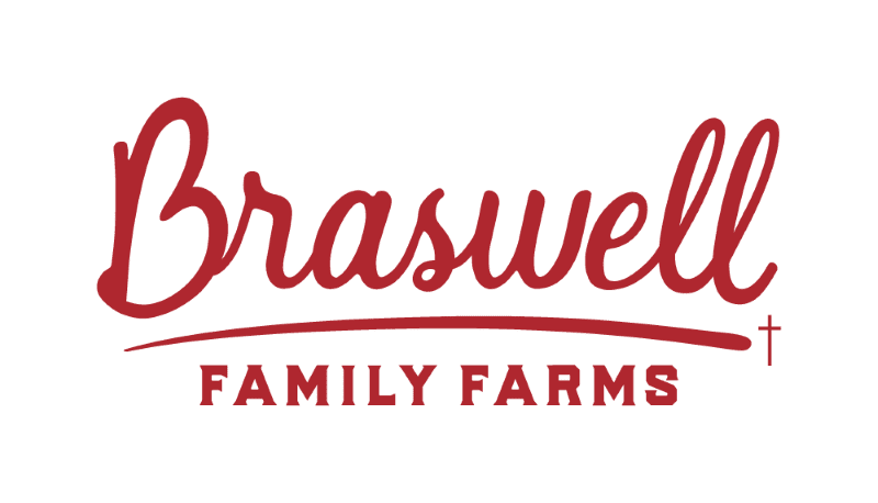 Red Braswell script above Family Farms in bold capital letters with a small cross at the end, all on a white background.