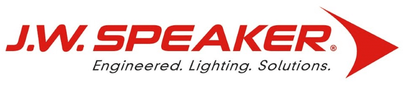 J.W. Speaker logo in red text with a red arrow on the right. The tagline “Engineered. Lighting. Solutions.” appears below in gray.