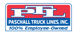 Logo for Paschall Truck Lines, Inc. featuring large PTL letters in white and red, with text below stating 100% Employee-Owned on a blue and white background.