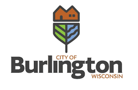 City of Burlington Wisconsin logo featuring a stylized icon with an orange house atop green fields and blue water, and bold text reading City of Burlington Wisconsin.