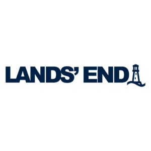 Lands’ End logo in dark blue letters, with a small lighthouse icon forming part of the letter D in END on a light background.